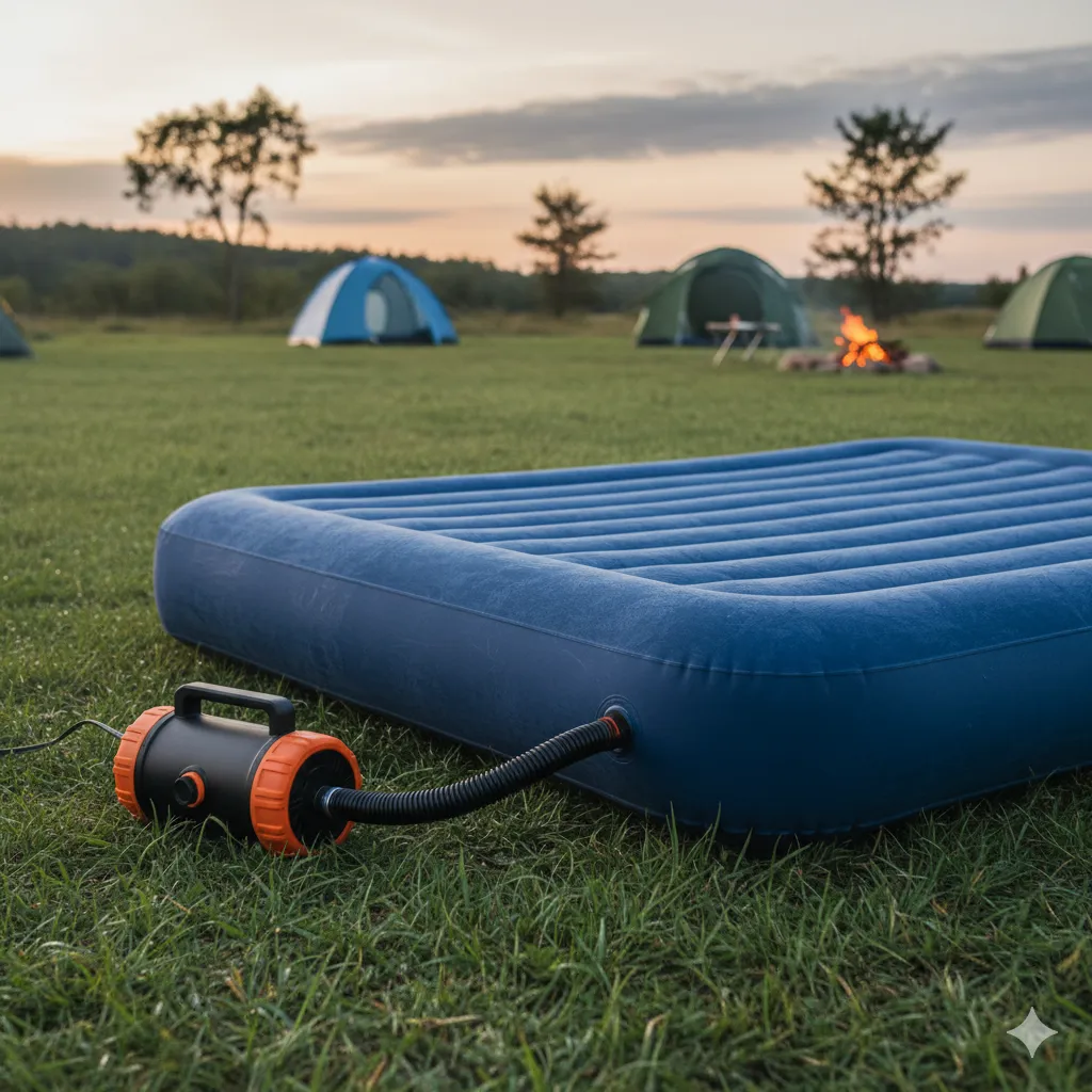 A small black electric air pump inflating a camping airbed.